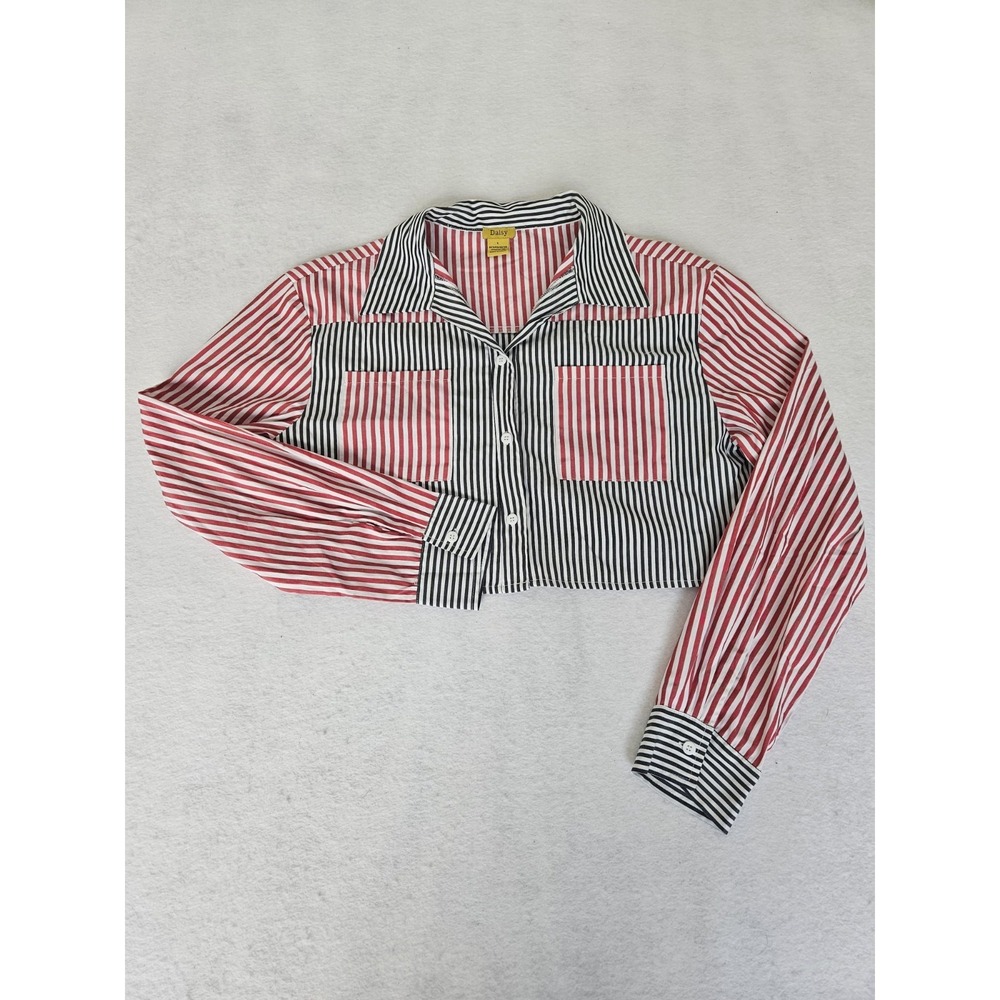 Daisy Striped Cropped Button Up Shirt Long Sleeve Color Block Womens‎ Size L